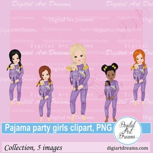 Pajama party clipart - Slumber party clipart - Mom me clipart - Girls with dolls clipart - Girl doll clipart - Black girl clipart - PNG art