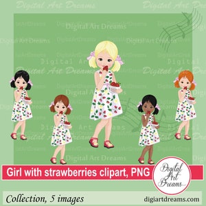 Ragazza con clipart di fragole, immagini di fragole, bambine png, personaggi carini, clip art, opere d'arte digitali, illustrazione, creazione di carte