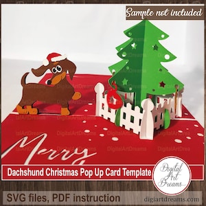 Biglietto pop-up di Natale SVG, file modello, biglietti pop-up bassotto, papercut Cricut, file di taglio dell'albero di Natale, istruzioni PDF, artigianato fai-da-te