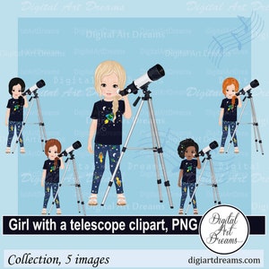 Telescope clipart, Little girl png, School clipart, Science project, Astronomy clip art, Digital artwork, black girl png, cute kids images