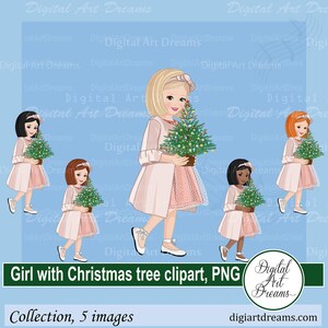 Clipart di Natale - Immagini di bambine - Clipart dell'albero di Natale - Black girl png - Grafica digitale - Vacanze, Scrapbooking art, Creazione di carte