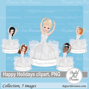 Happy Holidays clipart, Ballerina clipart, ballet dancer wall art, imágenes digitales, lindo clipart de niña, clipart de uso comercial, png art