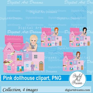 Dollhouse clipart - Little girl clip art - Doll clipart - Pink dollhouse furniture - Character design - Black girl png - Digital artwork