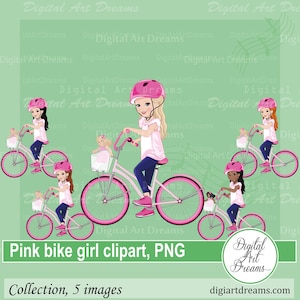 Clipart per bici - Clipart bambina - Clipart per biciclette rosa - Ragazza nera png - Clipart bambola - Grafica digitale - Immagini scrapbook - Wall art