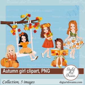 Clipart autunnale png - Clipart autunno ragazza - Clip art autunnale per bambini - Personaggi carini - Immagini digitali - Illustrazione, disegni png - Arte murale