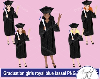 Graduation clip art - Woman clipart - Blue graduate tassels - Graduation clipart - Digital artwork - African American - Black girl clipart