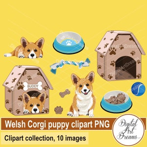 Corgis Clipart - Hunde Clipart - Scrapbook Bilder - Digitale Zeichnung - Hundehaus Clipart - Ausdruckbare Planer Sticker - Kommerzielle Nutzung Clipart