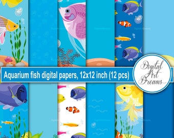 Fish scrapbook paper 12x12 - Aquarium digital paper - Fish papercraft - Scrapbook printable pages - Fish patterns - Scrapbooking ideas