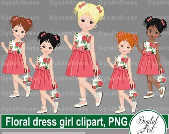 Floral dress girl clipart, fashion girls, dress with roses print, birthday graphics, little girl art, digital downloads, party printables