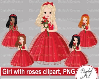 Valentine's Day clip art, girls with roses, wedding graphics, little girl clipart, digital downloads, red dress, roses, party printables png