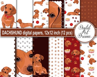 Papel digital Dachshund - Fondos para perros - Páginas de álbum de recortes imprimibles - Paquetes de papel de álbum de recortes 12x12 - Papel de diseño Dachshund - Papeles para animales