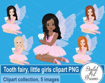 Tooth fairy clipart - Cute tooth clipart - Little girl clipart - Character design - Printable art - Scrapbook images - Planner stickers