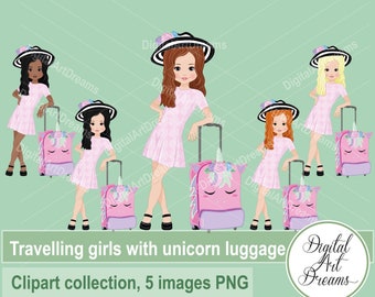 Travel clipart - Summer clip art - Character design - Girl digital drawing - Unicorn suitcase - Scrapbook images, Card making, Printable art