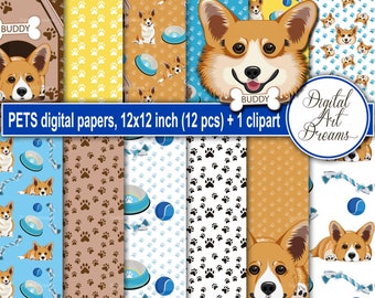 Dog scrapbook paper - Digital scrapbook pages - Card background - Scrapbook paper packs 12x12 - Printable design paper - Corgi clipart