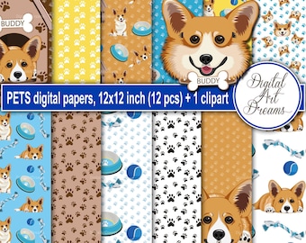 Papel de álbum de recortes para perros - Páginas de álbum de recortes digitales - Fondo de tarjeta - Paquetes de papel de álbum de recortes 12x12 - Papel de diseño imprimible - Clipart corgi