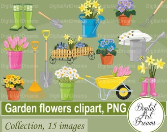 Flower garden clipart - Garden tools clipart - Daffodil clipart - Tulip clipart - Daisy clipart - Flower graphic - Printable art - Images