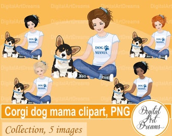 Pets clipart - Dog clipart - Corgi clipart - Woman clipart - Dog sitting clipart - Character design - Scrapbook images - Printable art