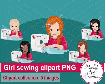 Girl sewing clipart, sewing machine png, little girls graphics, cute characters clip art, sewing saloon, arts and crafts, school printables