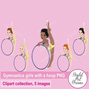 Gymnastics girl clipart, gymnastics girls with hoop, little girls graphics, African American, cute characters, wall art printables png
