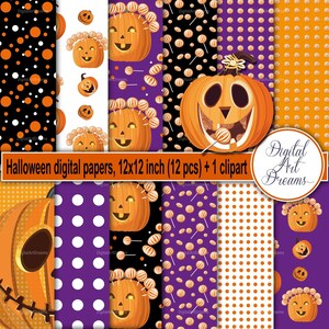 Papéis digitais de Halloween, papel para scrapbooking de abóbora, fundos de lanterna para convites, cartões, imprimíveis, planejadores, tema de doces