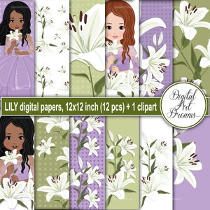 Papéis digitais florais, papel para scrapbooking de lírio, fundos de lírios brancos para convites, cartões, imprimíveis, planejadores, tema verde lilás