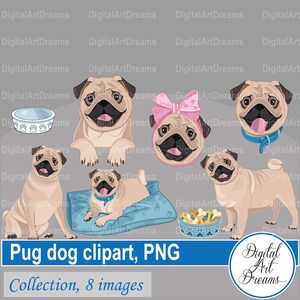 Pug clipart - Dog clipart - Pugs dog breed - Digital artwork - Printable images - Dogs png - Wall decor - Scrapbooking - Card making