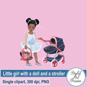 Mom clipart - Little black girl clipart - Doll clipart - Stroller clipart - African American - Scrapbook images - Character design - Drawing