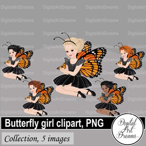 Monarch Schmetterling Clipart - Fee Clipart - Little Girl Clipart - Schwarze Mädchen Figur - Druckbare Kunst - Scrapbooking - Digitales Kunstwerk png