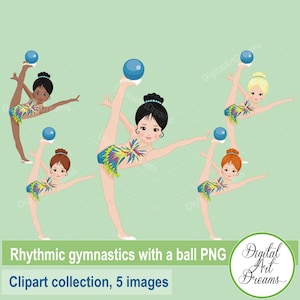 Gymnastics clip art, rhythmic gymnastics with balls, little girls graphics, African American girl, cute characters, wall art printables png