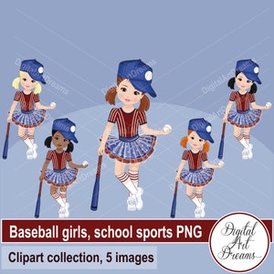 Clipart de béisbol - Clipart de jugador de béisbol - Clipart de chica - Clipart de murciélago y pelota - Clipart deportivo - Diseño de personajes - Imágenes de álbum de recortes