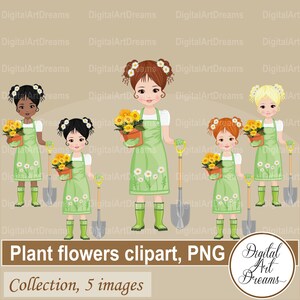 Clipart di giardinaggio, clip art di fiori vegetali, bambine con vaso di fiori, afroamericano, margherite primaverili, pala da giardino, immagini di personaggi