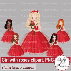 Clip art del Día de San Valentín, niñas con rosas, gráficos de boda, clipart de niña, descargas digitales, vestido rojo, rosas, imprimibles de fiesta png