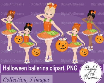 Clipart de bailarina de Halloween - Clipart de Halloween - Bailarina png - Clipart de calabaza - Personajes lindos - Clipart de niña - Niña negra png