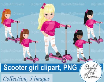 Clipart de scooter - Clipart de niña - Clipart de deportes - Scooter png - Obra de arte digital - Scooter girl - Black girl png - Imágenes de niños lindos