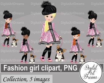 Fashion clipart - Little girl clipart - Dog clipart - Pink dress png - Cute character design, black girl art, girl with dog, digital artwork