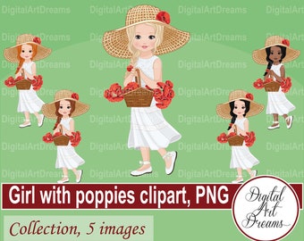 Poppy clipart - Flower girl basket - Floral girl png - Red poppy flowers - Poppies printables - Girl with flowers art - Digital artwork