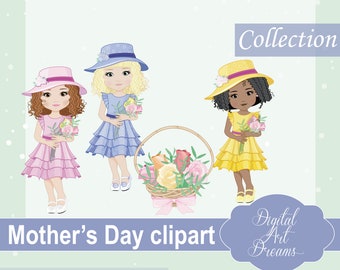 Little Girl Clipart, Cute Characters Graphics, Pretty Girls Clipart, Cute Girl Clip Art, Flowers, Mother's Day Printables, Digital Clipart