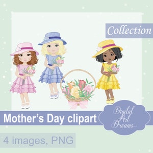 Little Girl Clipart, Cute Characters Graphics, Pretty Girls Clipart, Cute Girl Clip Art, Flowers, Mother&#39;s Day Printables, Digital Clipart