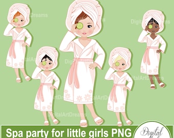 Spa party clip art printable, spa little girl robed, girl clipart, cute character in bath robe, birthday clipart, African-American scrapbook