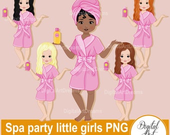 Clip art de fiesta de spa, clipart de niñas pequeñas, personajes lindos, gráficos de la hora del baño, túnica rosa, imprimibles de cumpleaños, afroamericano, planificador png