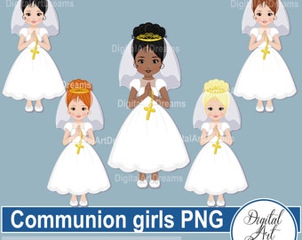Communion Girls Clipart, Communion Clip Art, Little Girl Graphics, Gold Cross Necklace Image, Character Printables png, Cute Image Download