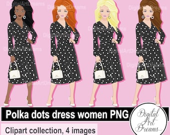 Woman clipart, polka dots dress, fashion clip art, sweet 16 prom, female character art, illustrations, African American model, women png