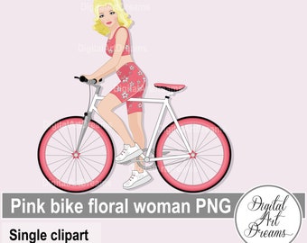 Pink Bike Clipart, Woman Graphics, Sport Clip Art, Biker Girl, Character Art, Illustration png, Digital Printables, Floral Sports Clothes