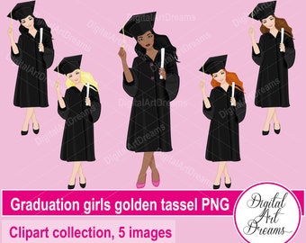 Clipart de graduación - Clipart de mujer - Arte digital - Clipart de niña negra - Borlas de graduación de oro - Clip art de graduación - Afroamericano