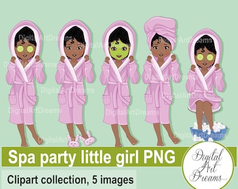 Spa party clipart, African-American clip art, little girls graphics, cute characters, pink robe, spa mask, bubble bath, birthday printables