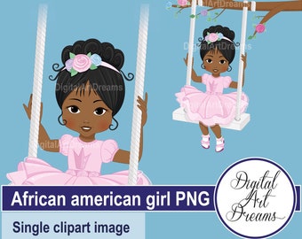 African American Girl Clipart, Character Clip Art, Cute Girl on a Swing, Birthday Graphics, Spring Illustration, Floral Tree Digital Image