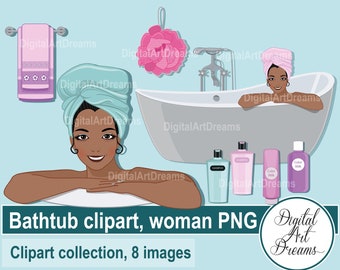 Bathtub clipart, Bath time graphics, African American woman clip art, Shampoo clip art, Sweet 16, Character art, Bathcloth and Towels png