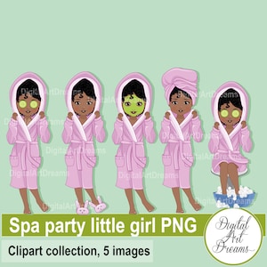 Clipart de fête au spa, clip art afro-américain, graphismes de petites filles, personnages mignons, robe rose, masque de spa, bain moussant, imprimables d’anniversaire