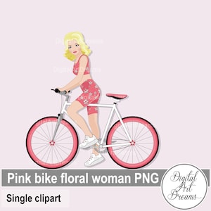 Pink Bike Clipart, Woman Graphics, Sport Clip Art, Biker Girl, Character Art, Illustration png, Digital Printables, Vêtements de sport floraux