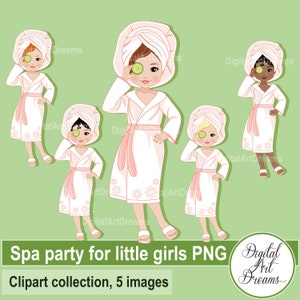 Spa party clip art imprimable, spa petite fille robed, clipart fille, personnage mignon dans la robe de bain, clipart anniversaire, album afro-américain
